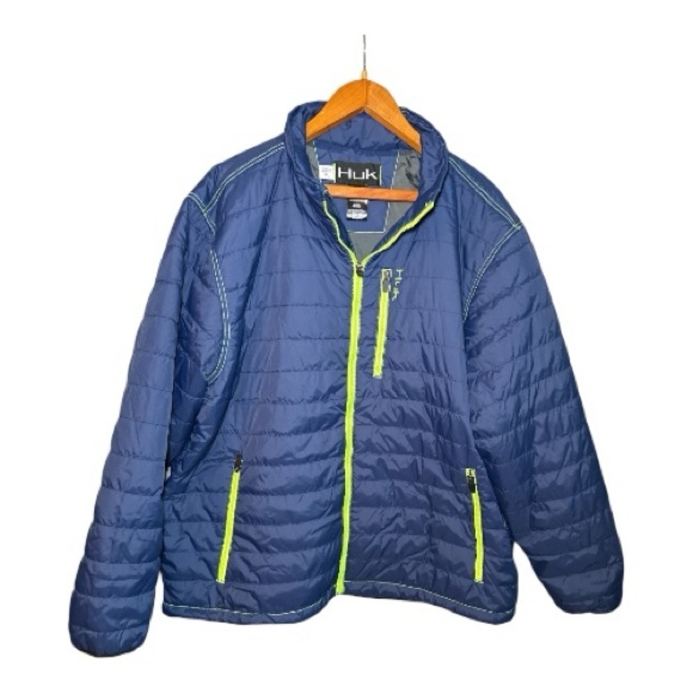 HUK Fishing Jacket Men's XXL Quilted Puffer Zip Up Blue Lime Green